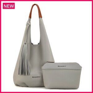 Slouchy Hobo Handbag with Tassels and Cosmetic Bag, Vegan Leather